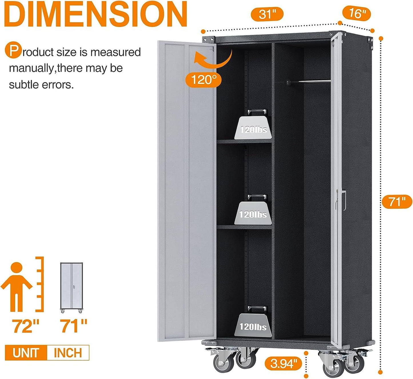 JAORD Metal Garage Storage Cabinet with Hanging Rod, Broom Closet Storage Cabinet, 71" Tall Rolling Tool Storage Cabinet with Locking Doors and Shelves