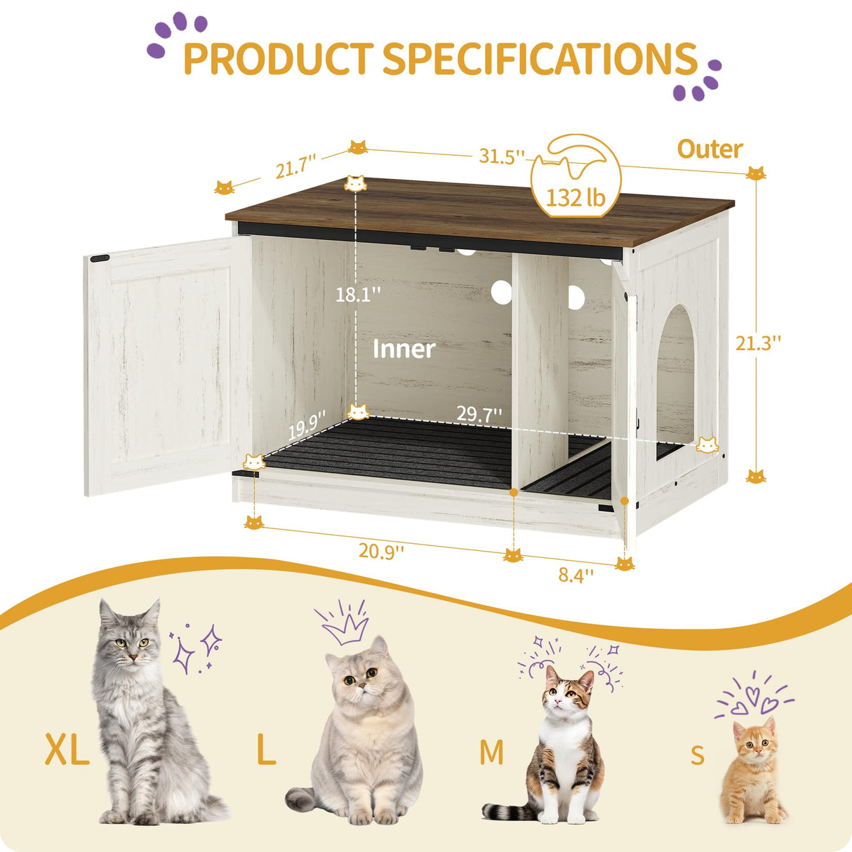 Hzuaneri Cat Litter Box Enclosure with Cushion, Hidden Litter Box Furniture with Removable Dividers, Reversible Entrance Left or Right Side, Cat House, Rustic White and Brown CB84614X Hzuaneri