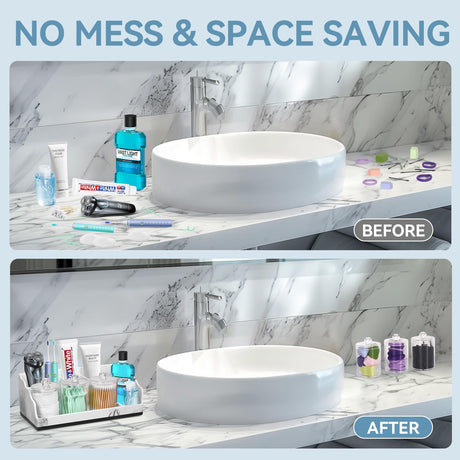 TuCao Marble Bathroom Countertop Organizer, Toothbrush Holders for Bathroom with 3PCS Qtip Holder Dispenser and Toothpaste Holder Drainage for Bathroom Accessories Organization Counter Vanity Storage TuCao