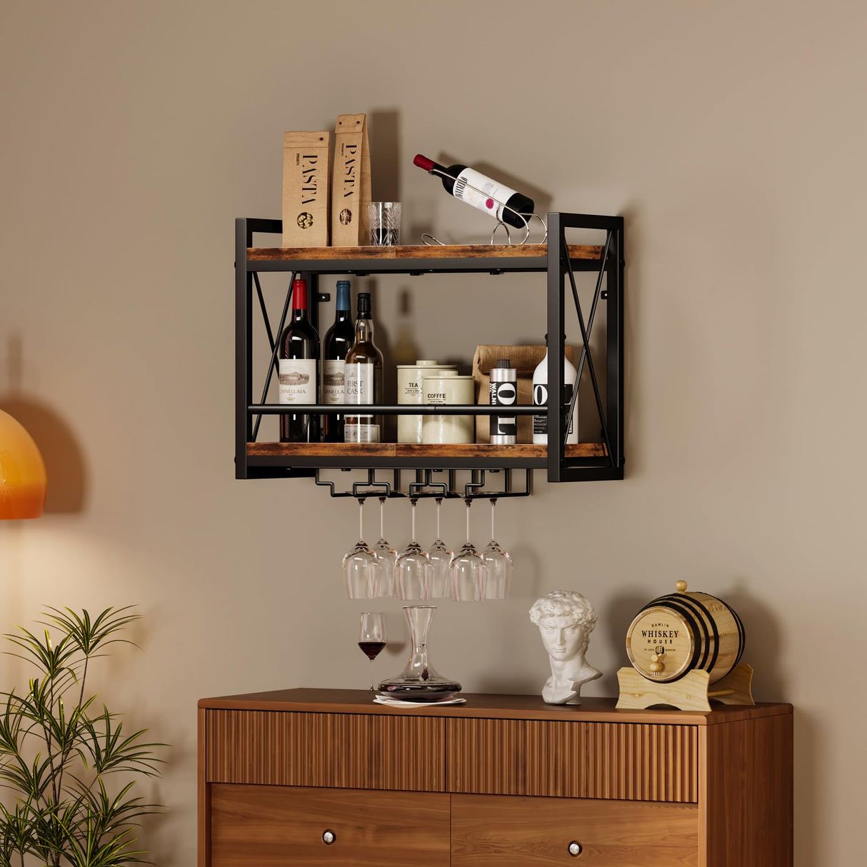 Homeiju Wall Mounted Wine Rack, Bottle & Glass Holder Wood-Metal Retro Wine Rack, Wine Bottles Display Wall Storage for Kitchen Dining Room Home Bar Homeiju