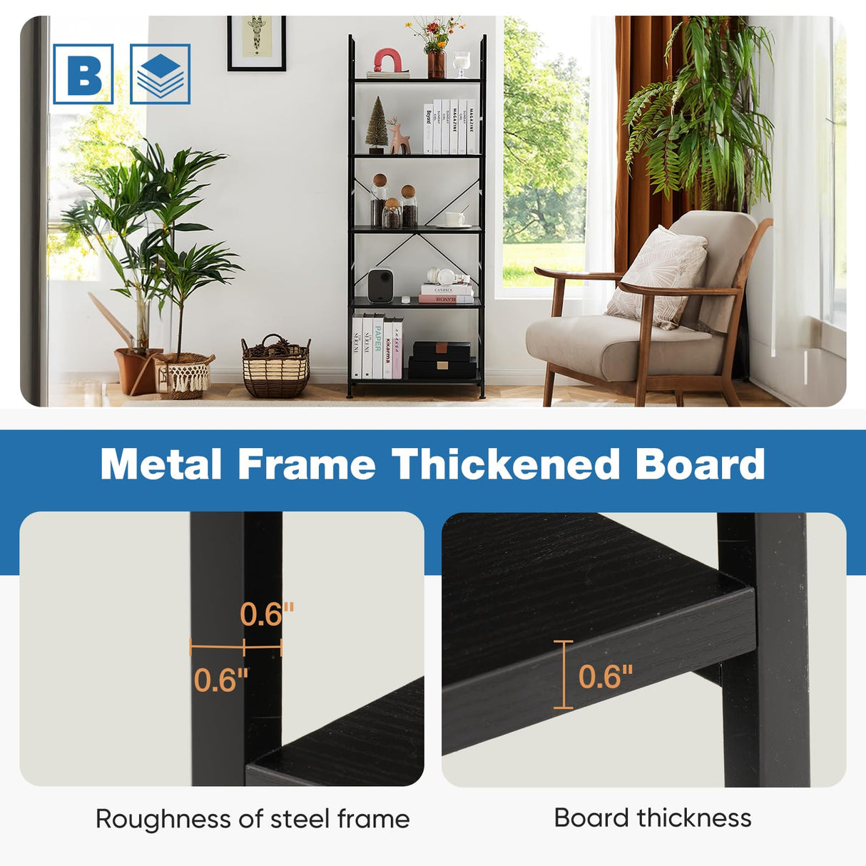 DUMOS 5 Tiers Bookshelf, Classical Book Shelf, Tall Display Shelves in Living Room/Home/Office, Storage Organizer for CDs/Books/Movies, Modern Black DUMOS