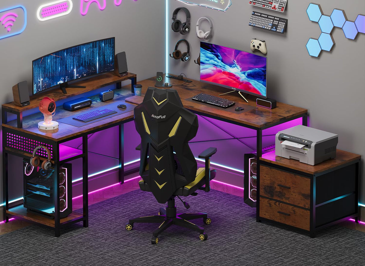 OtterOasis 66" L Shaped Desk with Drawer, 113" 2 Person Desk with Printer Stand, Large Convertible L Shape Gaming Desk with Power Outlet, Computer Desk with Led Light for Home Office, Rustic Brown OtterOasis