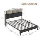Halitaa LED Queen Bed Frame with Charging Station and Upholstered Bookcase Headboard in Wash Grey Halitaa