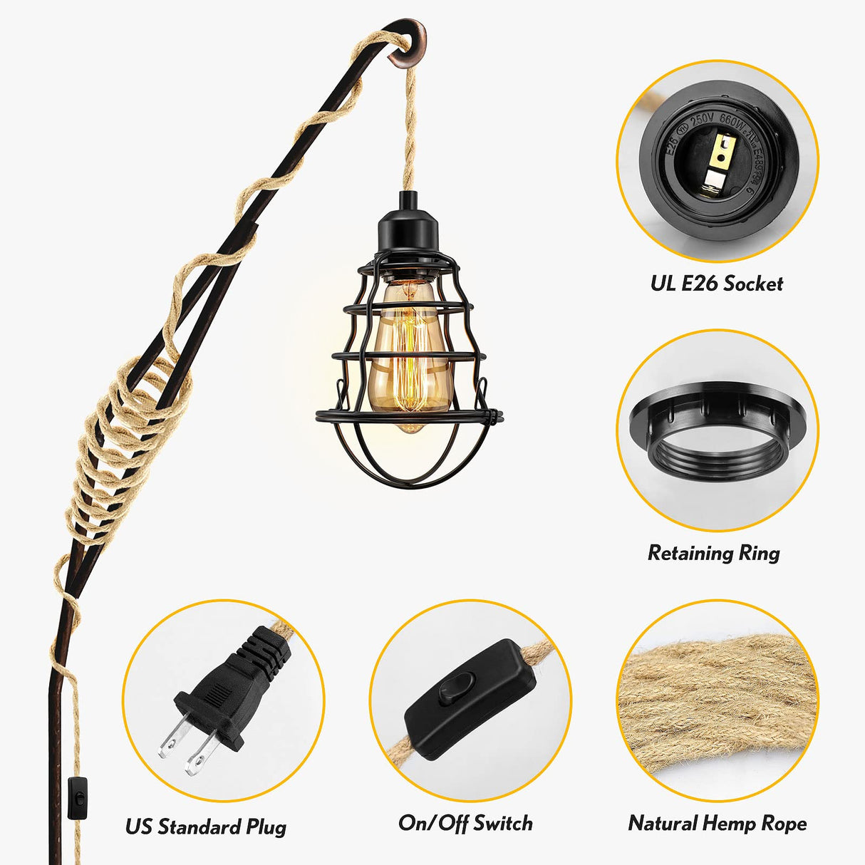 LYOOWNG Plug in Pendant Light Cord, Farmhouse Hanging Lights with Plug in Cord, 15FT Hemp Rope Plugin Hanging Light Cord Kit with On/Off Switch, E26 E27 Light SocketCord for HangingLight LYOOWNG