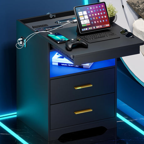 MDGC Nightstand with Lockable Gun Drawer,3 Color Dimmable LED End Table with Charging Station,Bedside Table with Auto Sensor Light,Smart Night Stand with USB-C Ports and 3 Drawers,Bedroom MDGC