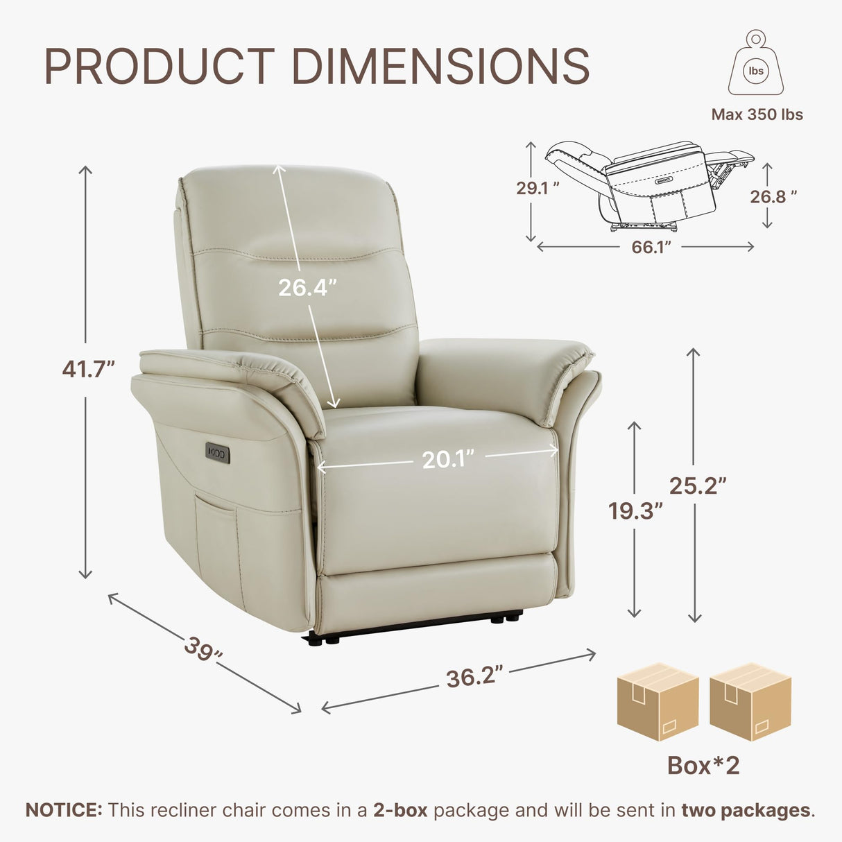 KISLOT Power Recliner Chair with Adjustable Headrest and Footrest, Leather Reclining Chair with USB/Type-C Charging, Modern Electric Recliner for Adults Living Room Bedroom KISLOT