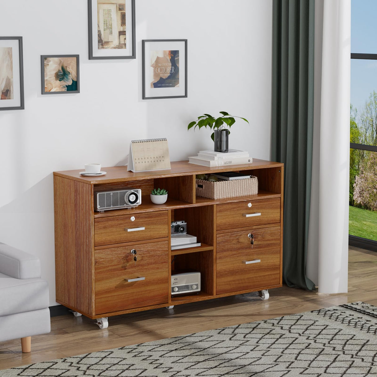 VINGLI Wide 4 Drawer File Cabinet with Lock, Wood Lateral File Cabinet with Open Shelves, Lockable Rolling File Cabinets for Home Office, Walnut File Cabinet Printer Stand, Letter Sized VINGLI