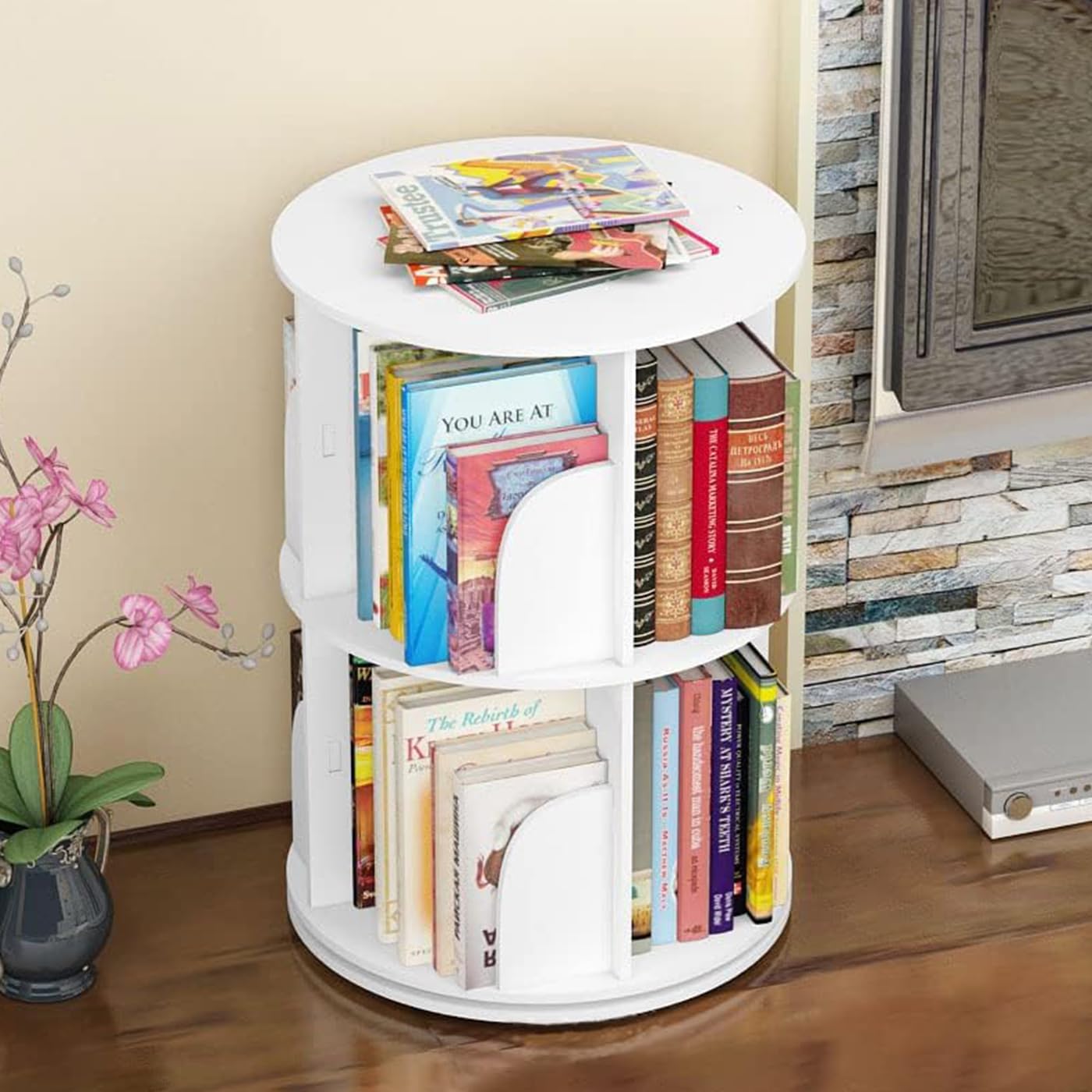 HOLMZCED 360° Rotating 2-Tier White Bookshelf - Versatile Free-Standing Storage Rack for Study, Bedroom, and Living Room - WoodArtSupply