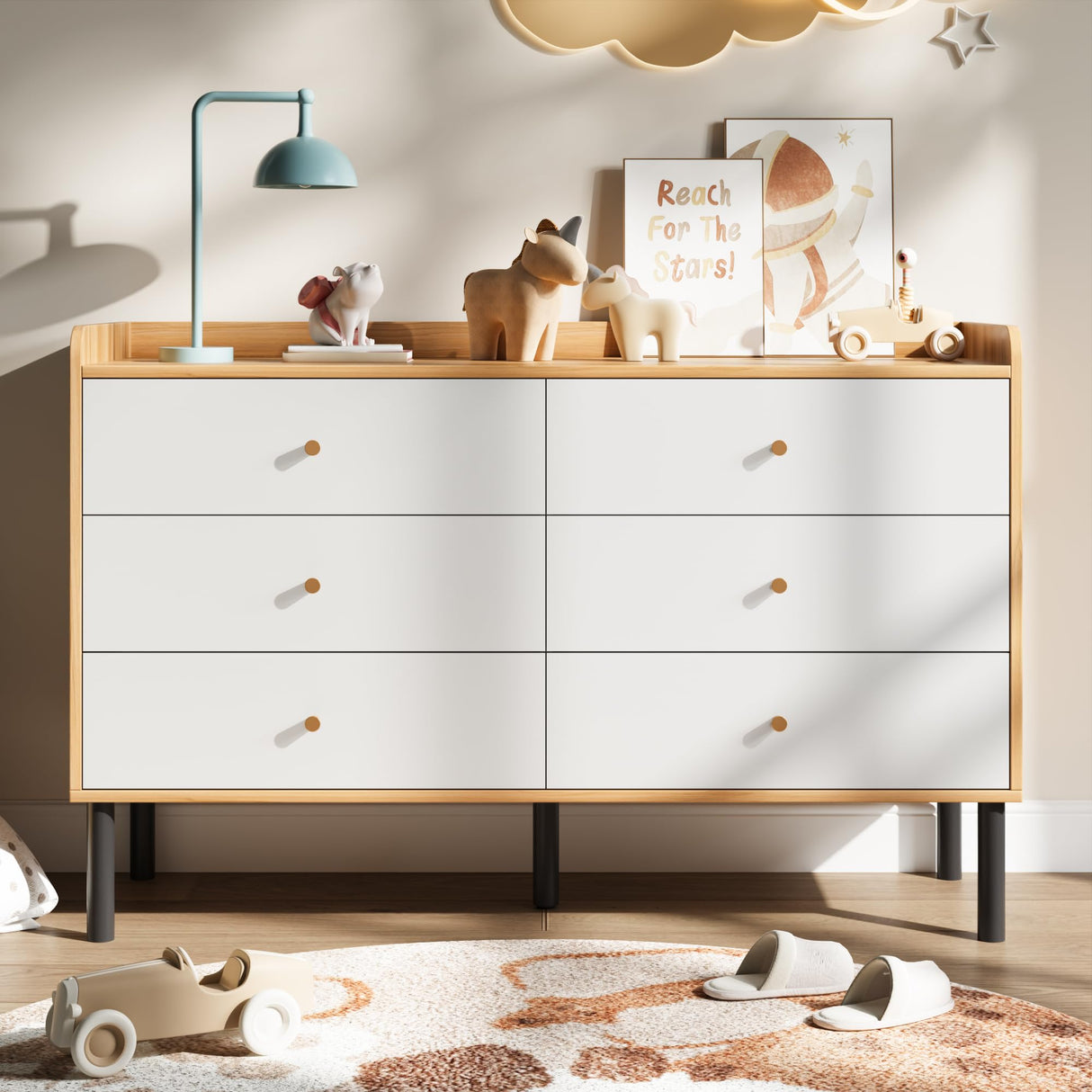 BAZELOR Kids Dresser for Bedroom, 6 Drawer Baby Dresser with Golden Handles, Modern Wood Chest for Hallway, Entryway, Nursery, White BAZELOR