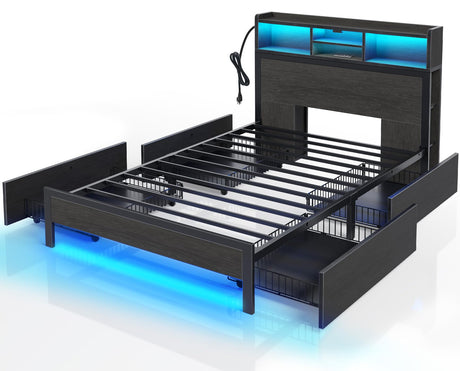Rolanstar Twin Bed Frame with Storage Headboard, Metal Platform Bed with Charging Station, LED Bed Frame with 4 Drawers, Bookcase Storage, No Box Spring Needed, Easy Assembly, Noise-Free, Black Rolanstar