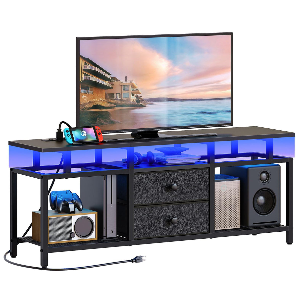 YATINEY TV Stand with LED Light and Power Outlets, Entertainment Center with Fabric Drawers and Open Shelves, TV Cabinet for TVs up to 50 Inch, Media Console for Living Room, Bedroom, Black DS03UDBB YATINEY