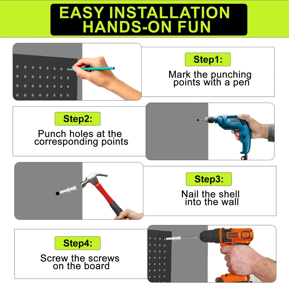 4 Pack Metal Pegboard Panels 24" x 12" Black Heavy Duty Steel Pegboard Wall Organizer, Garage Utility Tools Pegboard Storage System for Workbench, Shop, Shed Modular Peg Board Organizer Board Kit Chinrose