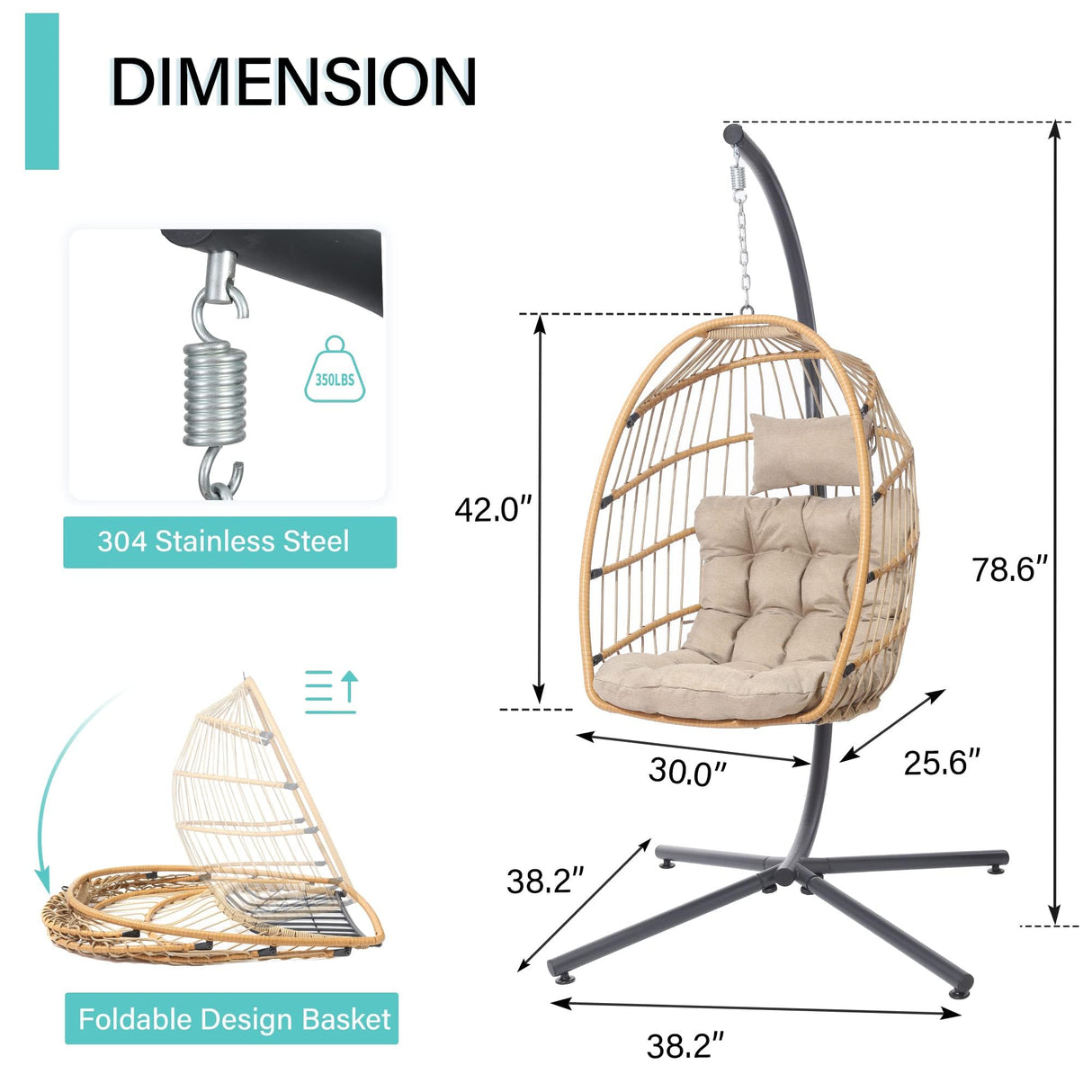 SWITTE Egg Chair Outdoor Indoor with Stand, Hanging Egg Swing Chair with Stand, Wicker Egg Chair with Cushion 350lbs Capacity for Patio(Cream) SWITTE