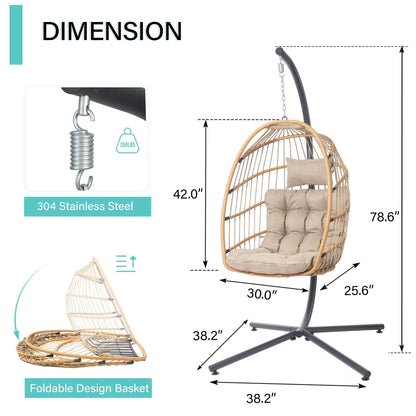 SWITTE Egg Chair Outdoor Indoor with Stand, Hanging Egg Swing Chair with Stand, Wicker Egg Chair with Cushion 350lbs Capacity for Patio(Cream) - WoodArtSupply