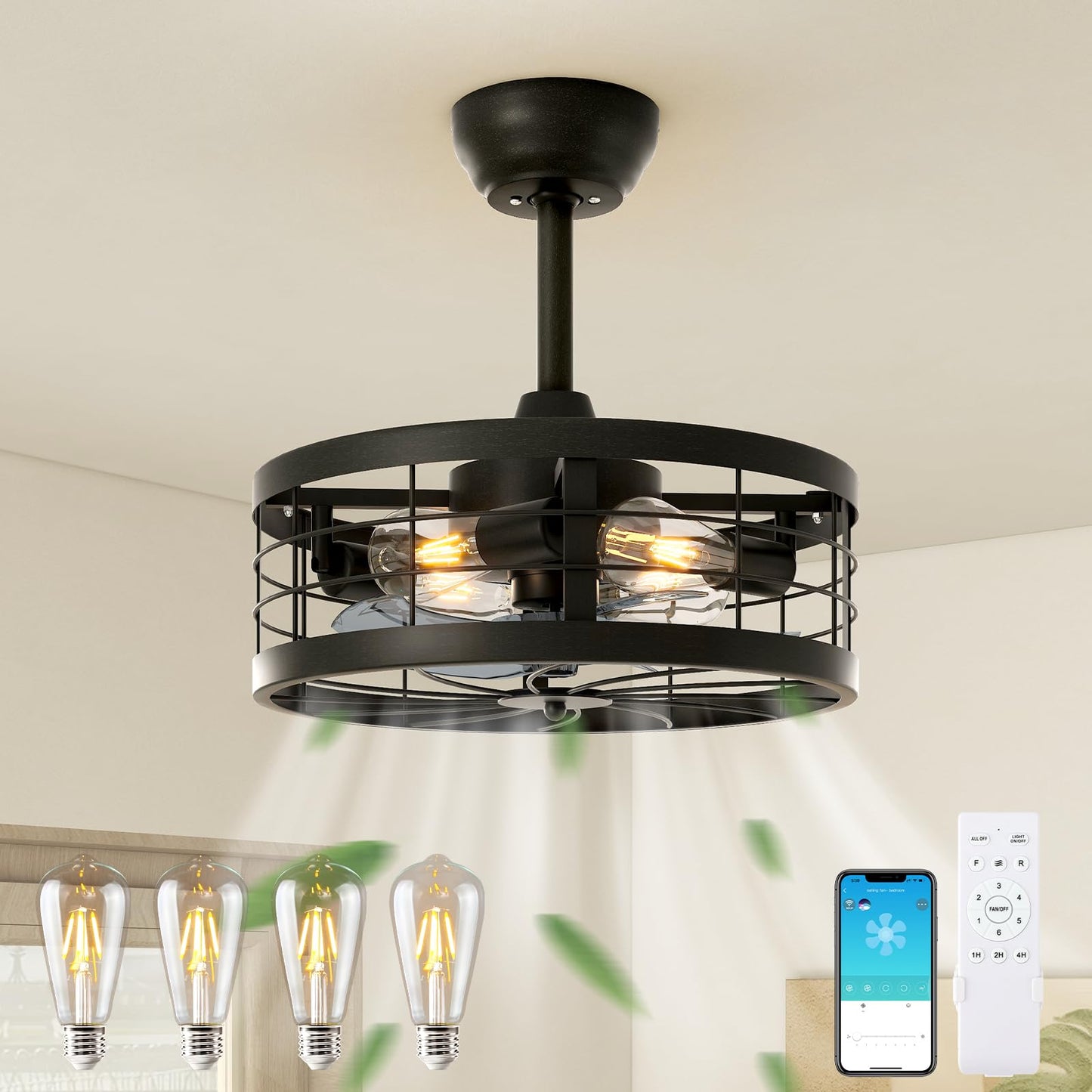 VOLISUN Caged Fandelier with Light and Remote, 16.5in Black Bladeless Ceiling Fan Lights Fixtures for Kitchen, Bedroom (4 * 2700K Bulbs Included)