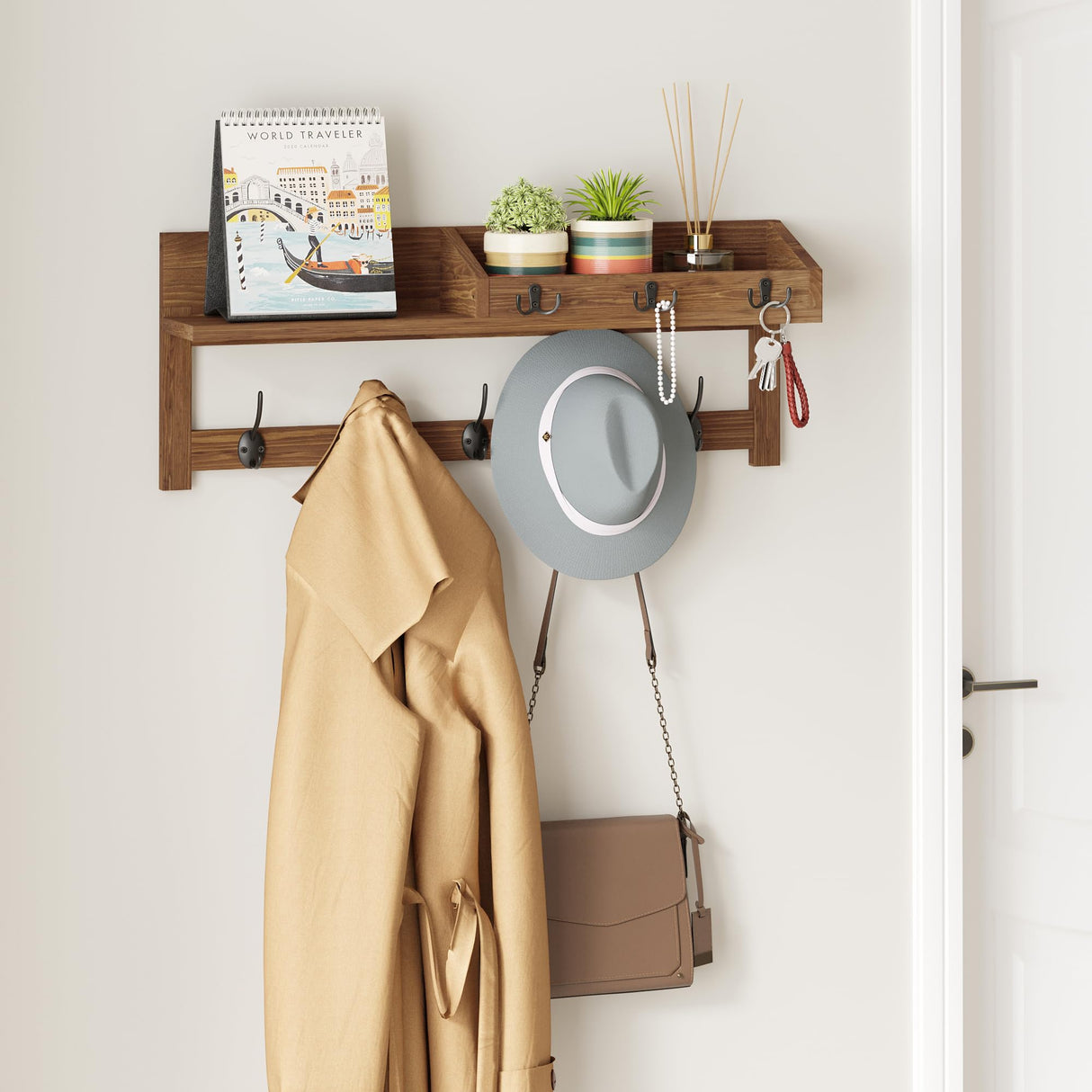 AMBIRD Wall Hooks with Shelf 26.57inch Entryway Wall Hanging Shelf Wood Coat Hooks for Wall with Shelf Coat Rack Wall Mount Rack with 5 Dual Hooks 3 Key Hooks Mail Organizer and Key Rack Key Holder AMBIRD