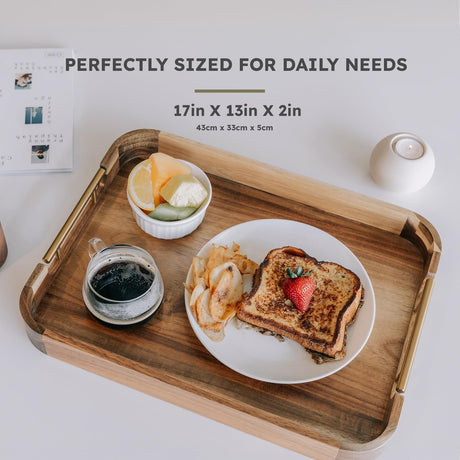 UPPER Ottoman Tray 17x13 Inches Acacia Wood Serving Tray with Handles, Decorative Serving Tray with Handles, Wooden Serving Tray for Ottoman, Coffee Table Tray, Breakfast Tray Anti-Skid Pad Included Upper