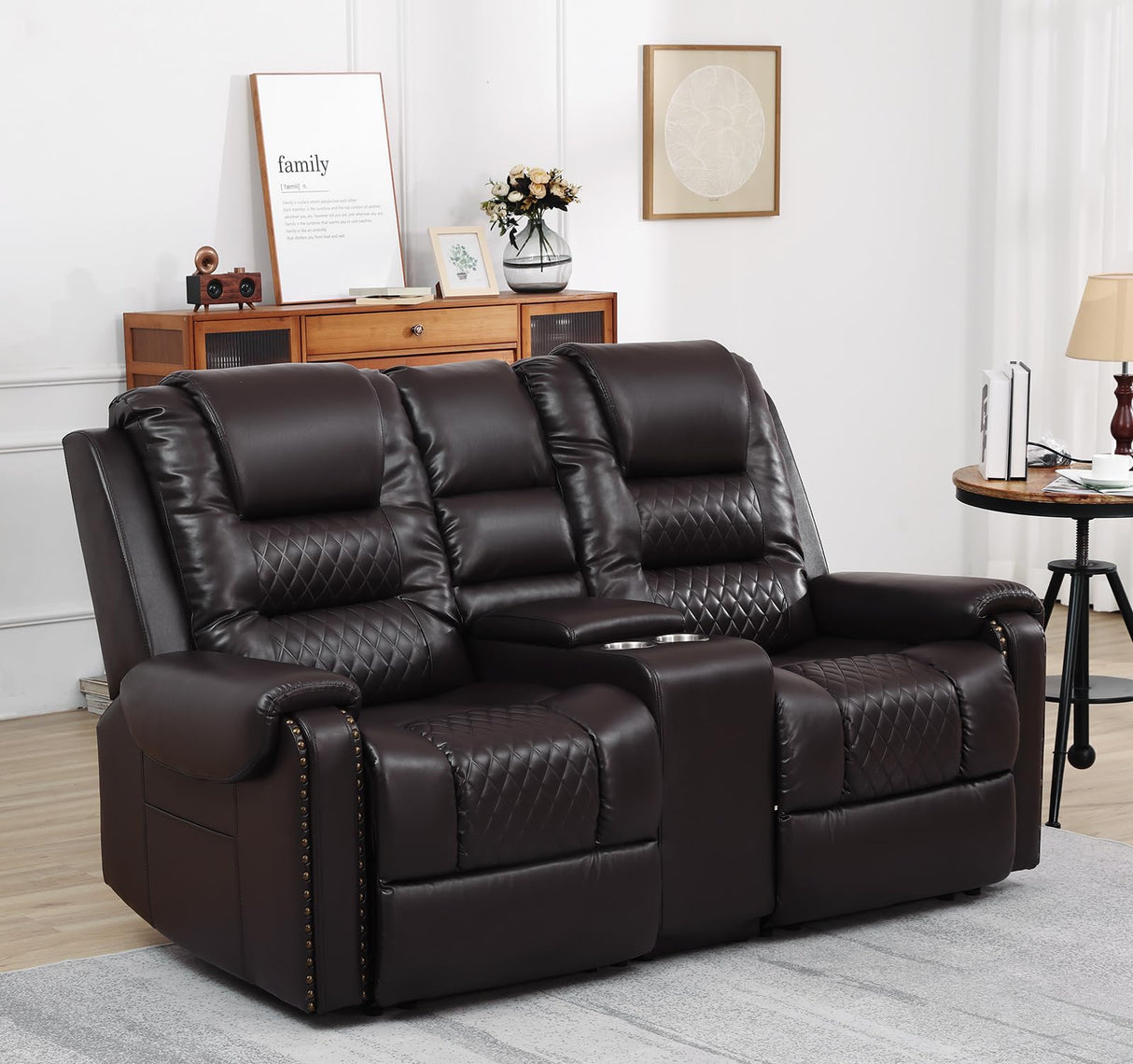 Large Massage Recliner Loveseat with Lumbar Heating, PU Leather Reclining Sofa Chairs, Ergonomic Living Room Chairs with Cup Holders and Remote Control, Brown COSVALVE