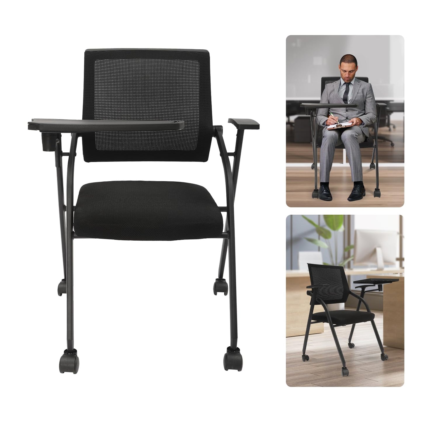 Kreiaoer Folding Office Chair with Tablet and Caster Wheel, Mesh Guest Reception Chairs with Arm, Rolling Chair for Office, School, Training Conference Waiting Room (Black) - WoodArtSupply