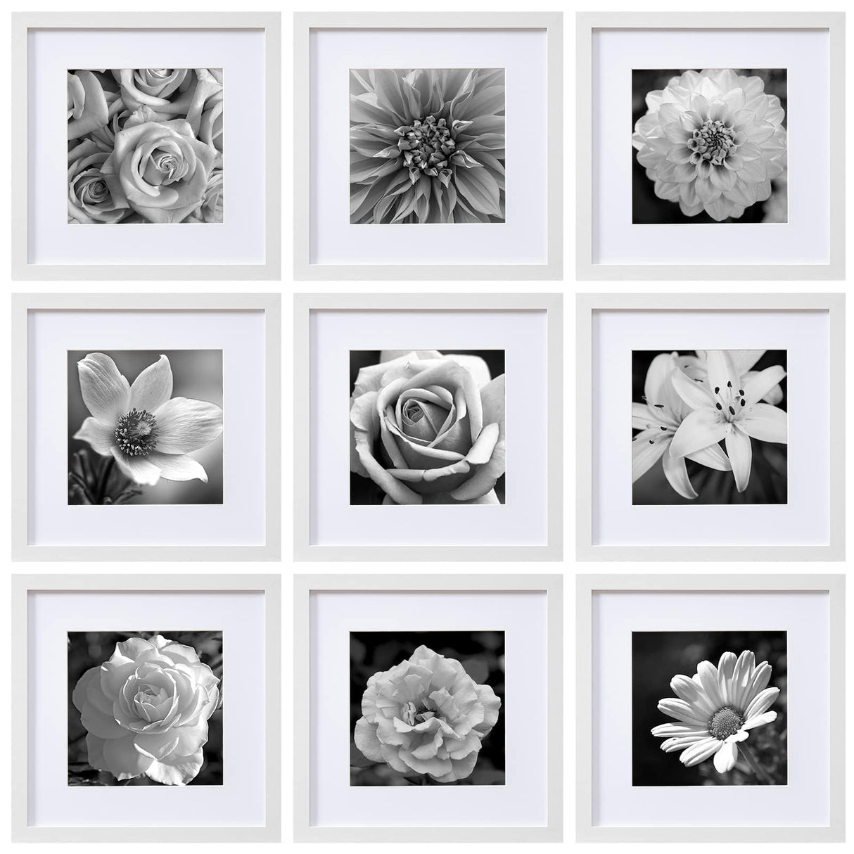 eletecpro 12x12 Picture Frames Set of 9, Classic Gallery Wall Frame Set Displays 8x8 Photo with Mat or 12x12 No Mat, Square Picture Frames Collage Wall Decor, White Home Decor for Hanging eletecpro