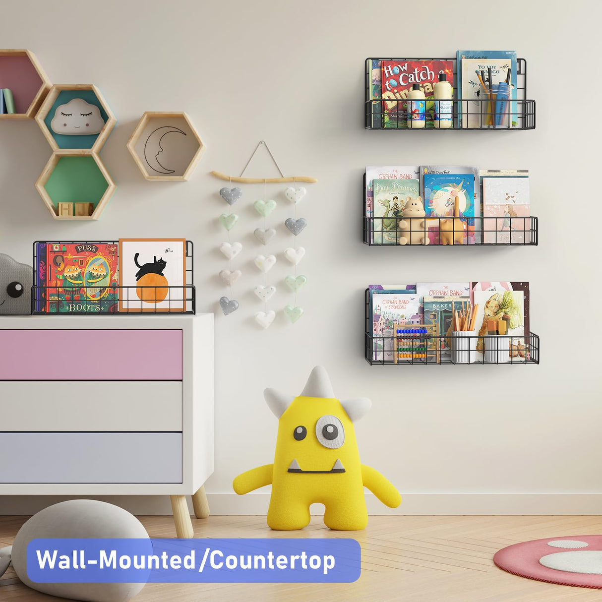 Wall Mounted Metal Kids Bookshelf - Wall Book Shelf for Kids Rooms, Hanging Book Baskets Organizer for Room Decor, Nursery Classroom Home Floating Bookshelves Set of 4 MFTEK