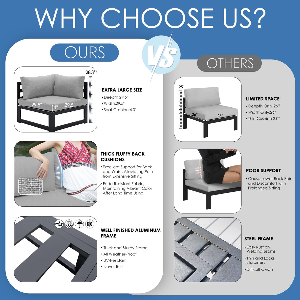 NICESOUL 8 Piece Extra Large Modern Aluminum Outdoor Sofa, 29" Deep Wide Seating, 500 lbs Durable Sectional Set for Heavy People, Rust Resistant Patio Furniture Set for Backyard Poolside, Light Gray NICESOUL