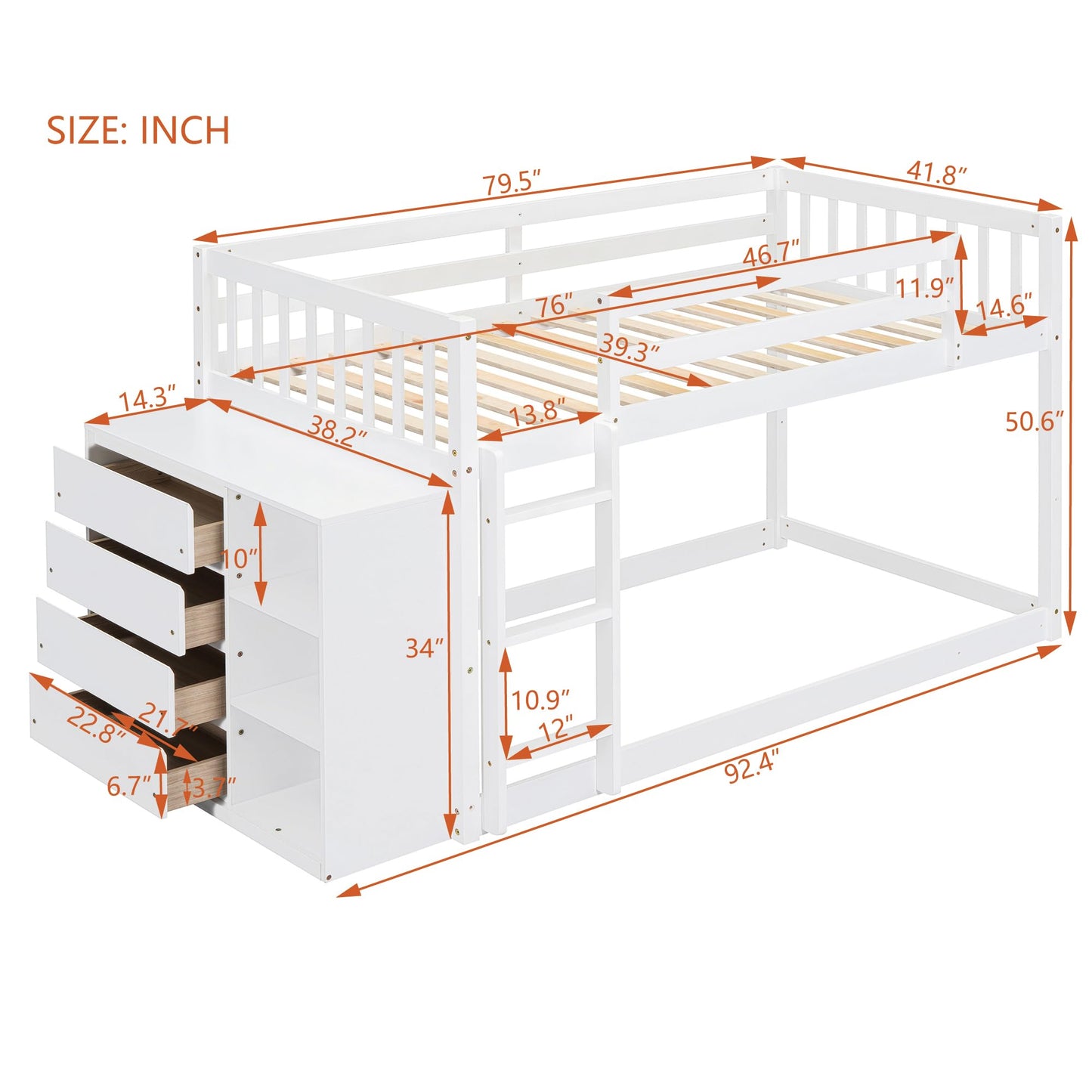 Harper & Bright Designs Twin Over Twin Bunk Bed with Storage, Wood Floor Bunk Beds with 4 Drawers and 3 Shelves, Low Bunk Bed, Twin Loft Bed for Kids, Girls Boys, Teens, Adults (White)