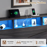 LUXOAK Queen Size Lift Up Bed Frame with Bookcase Headboard & 2 Side Shelf, Farmhouse Storage Bed with LED Light and Charging Station, No Box Spring Needed, Noise-Free, Black Oak LUXOAK