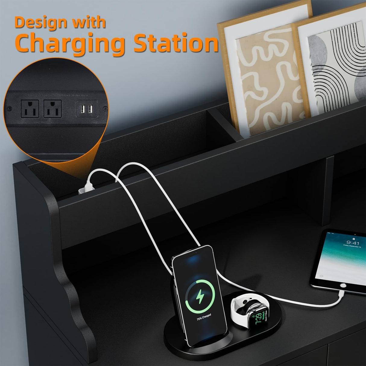 Yeyawomy 9 Drawer Dresser with Led Light and Charging Station, Anti-tip Chest of Drawers, Black Long Wood Dresser for Bedroom, Entryway, Hallway, Entryway, and Living Room Yeyawomy