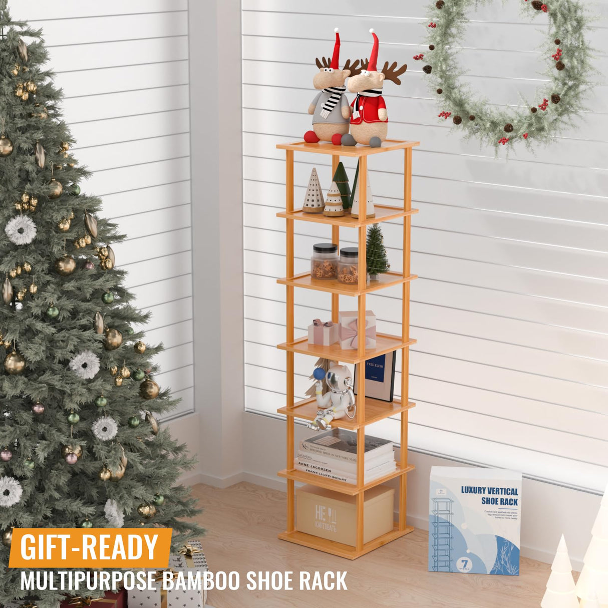 Bamboo Free Standing Shoe Rack Shelf Multi Tier Tall Wooden Stackable Shoes Rack Organizer for Closet Front Door Entrance Narrow Vertical Shoe Storage Rack for Corner Stand (Nature, 7 Tiers) MHXW SXPN