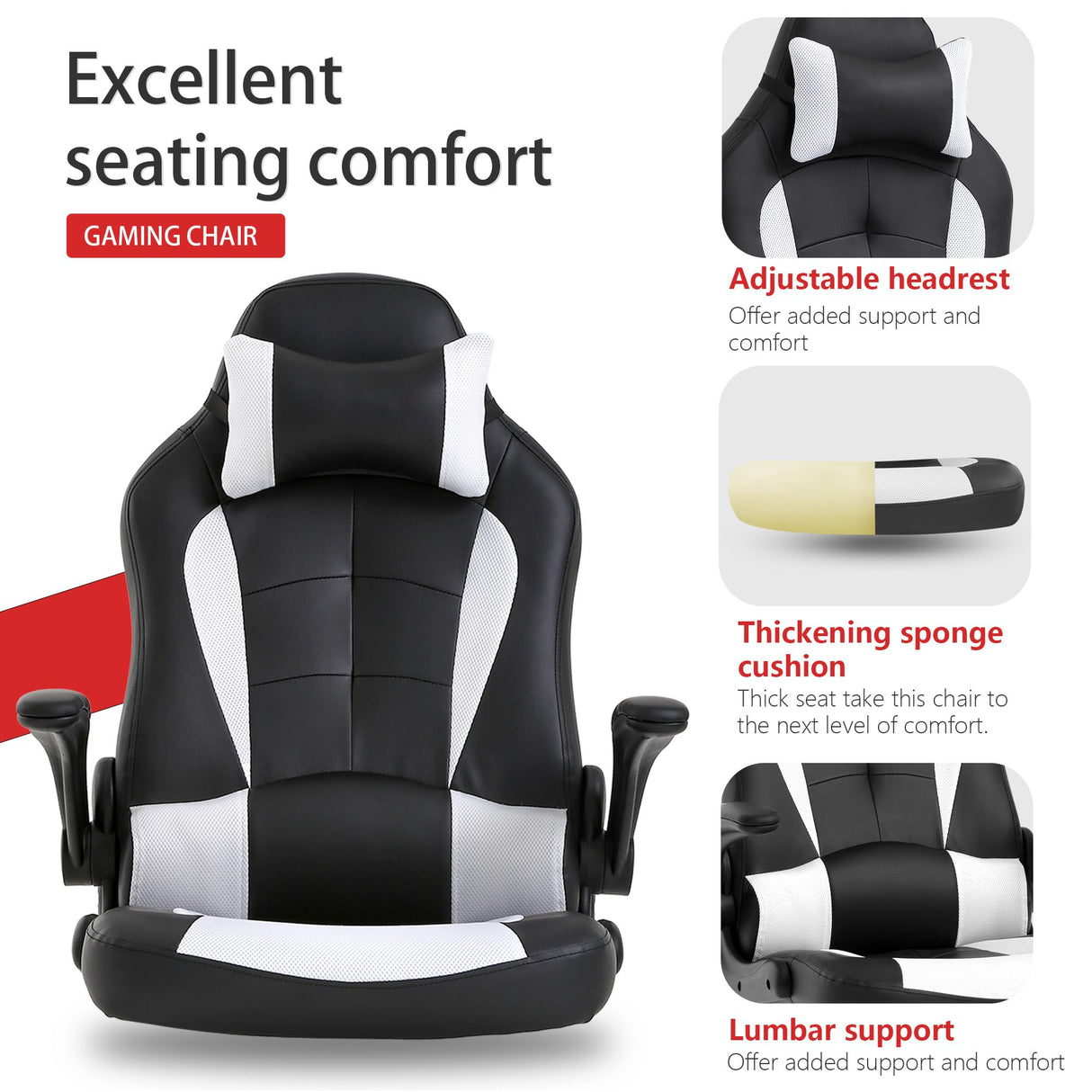 PayLessHere Gaming Chair Desk Chair Gamer Chair Ergonomic Office Chair With Lumbar Support Padded Up Arms Adjustable Headrest Pu Leather High Back Office Chair Gamer Chair For Adults Women Men (White) PayLessHere