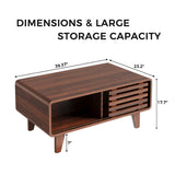 Walnut Coffee Table with Storage, 39" Mid Century Modern Coffee Table for Living Room Rectangle Wooden Center Table Small Fluted Tea Table with Sliding Door and Open Shelves Luoxiao