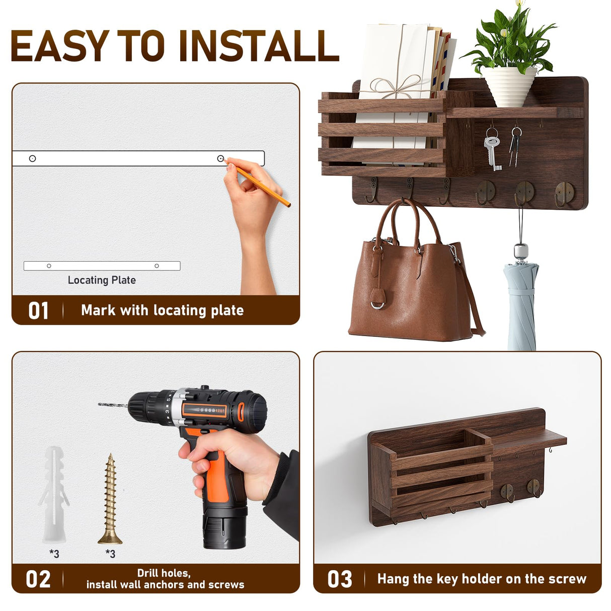 Key Holder Wall Mount, Key and Mail Holder for Wall, Wall Key Holder with Shelf and 6 Large Hooks for Bags, Coats, Umbrella, Wood Key Shelf for Entryway, 4 Small Key Hook, Wallet/Dog Leash Holder,Pine Longtor