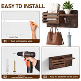 Key Holder Wall Mount, Key and Mail Holder for Wall, Wall Key Holder with Shelf and 6 Large Hooks for Bags, Coats, Umbrella, Wood Key Shelf for Entryway, 4 Small Key Hook, Wallet/Dog Leash Holder,Pine Longtor