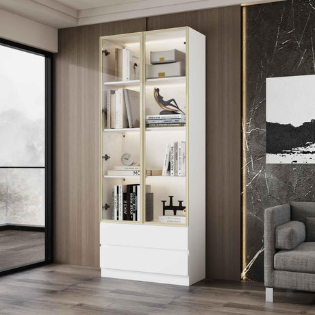 FUNISIR Curio Display Cabinet with Light, Storage Shelves with Pop-up Glass Doors, 2 Drawers & 3 Color Light, Collectibles Cabinet Display Shelf, Bookshelf Showcase for Living Room, White w/Drawer FUNISIR