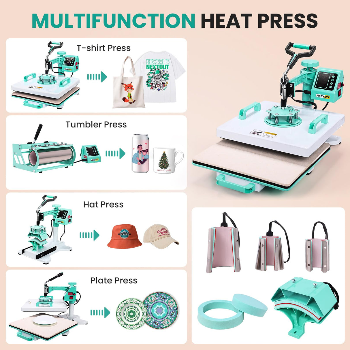 15x15 Heat Press Machine, 8in1 Multi-Purpose Heat Press with 11-30oz Tumbler/Mug/Hat Press, 360° Swing Away/Slide Out Sublimation Tshirt Combo, DIY Heats Transfer Press Vinyl AKEYDIY