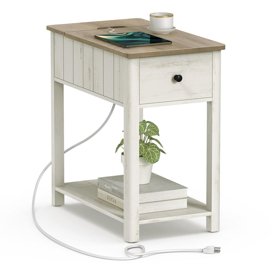 VASAGLE Side Table with Charging Station, End Table with USB Ports and Outlets, Nightstand with Storage, for Living Room, Bedroom, Modern Farmhouse Style, Vintage White and Heather Greige ULE - WoodArtSupply