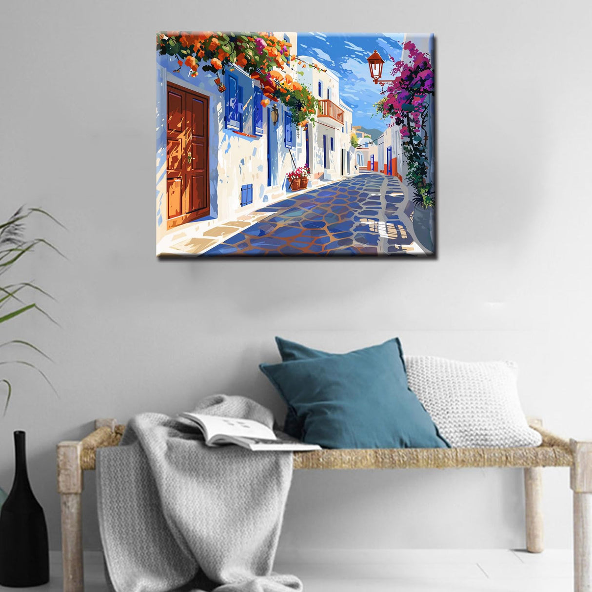 Aihonmin Coastal Cityscape Paint by Numbers Kits for Adult Beginners,Greece Town Paint by Numbers Street Flowers Painting Kits on Canvas with Brushes and Acrylic Pigment Without Framed 16''W x 20''H Aihonmin