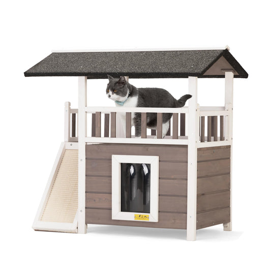 COZIWOW Outdoor Cat House, Wooden 2 Story Cat Scratcher House, Wood Cat Shelter Waterproof, Cat Enclosures Indoor with Openable Roof, Escape Door, Outside Cat Hideout for Feral Cats, Grey