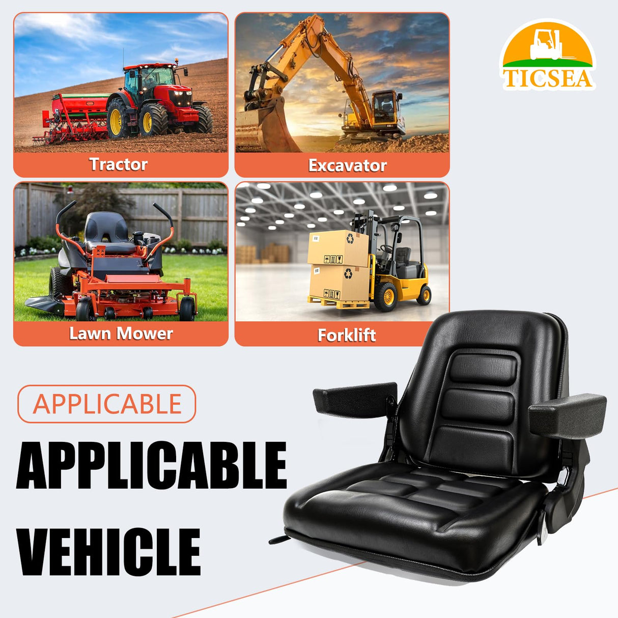 Universal Fold Down Forklift Seat with Adjustable Angle Back,Armrest,Micro Switch and Slide for Tractor,Excavator Skid Loader Backhoe Dozer Telehandler ZTR’s TICSEA