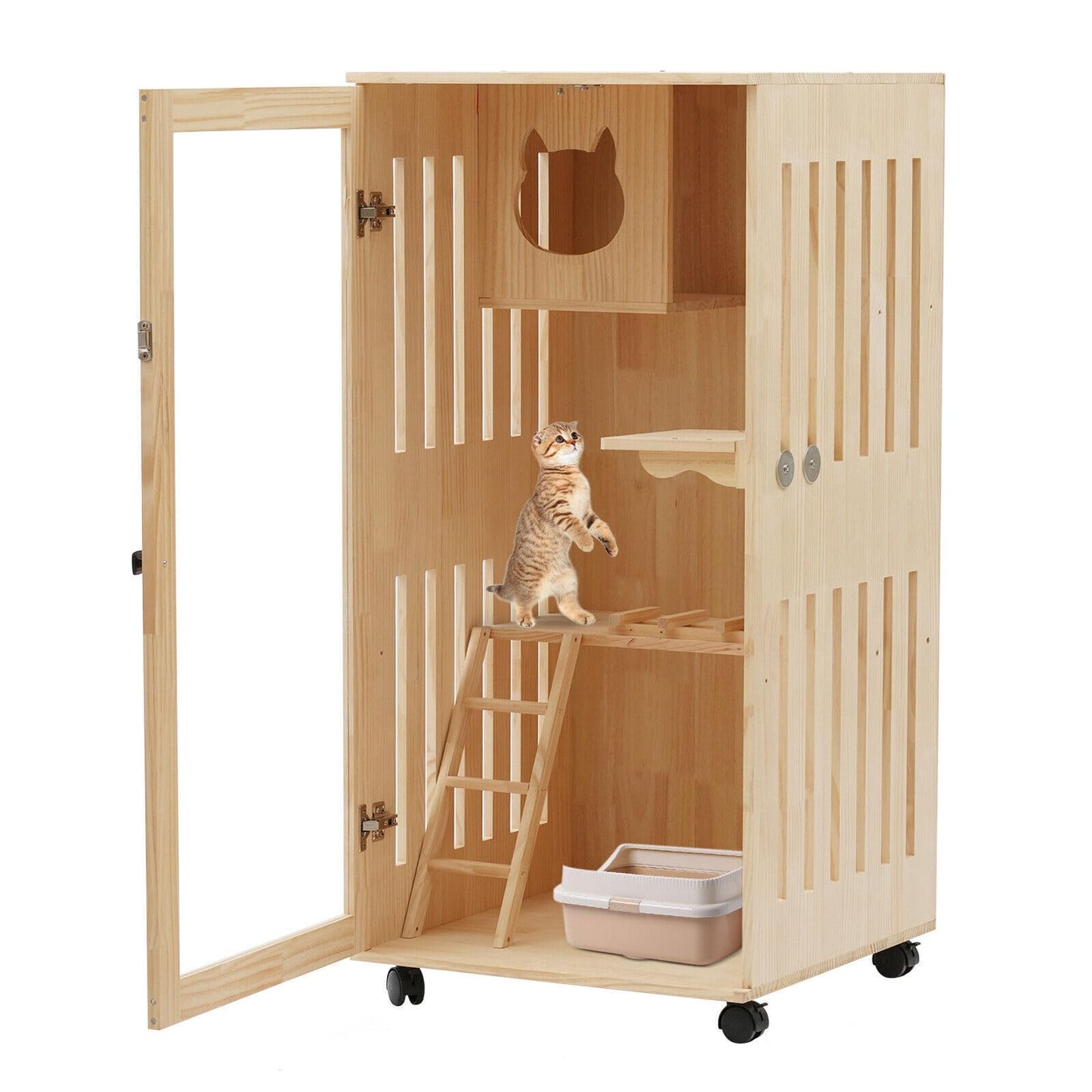 Wooden Cat House, Large Wooden Indoor Cat Enclosure Catio Cage with Ramp and Covered Cat House Kit, Enclosed Cat Condo w/Wheels for Cats Kittens - WoodArtSupply