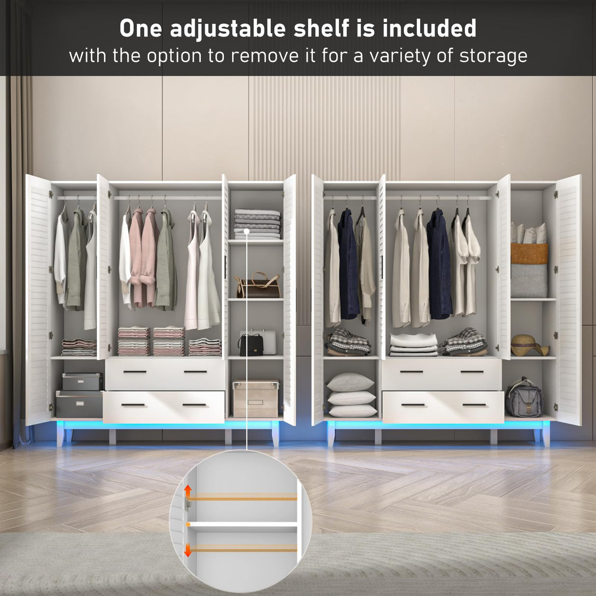 jiteentarou 4 Door Armoire Wardrobe Closet Cabinet with Drawers and LED Lights, Multi-Tier Shelves, Hanging Rod & 4 Louver Doors, Large Capacity Storage Wardrobe Armoire for Bedroom(4 Doors White) jiteentarou