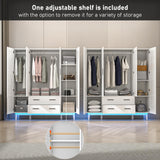 jiteentarou 4 Door Armoire Wardrobe Closet Cabinet with Drawers and LED Lights, Multi-Tier Shelves, Hanging Rod & 4 Louver Doors, Large Capacity Storage Wardrobe Armoire for Bedroom(4 Doors White) jiteentarou