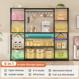 UPOSOJA Large Bakers Rack with Power Outlet, 62.4in Wide Kitchen Microwave Stand with Storage Shelves, 5-Tier Coffee Bar, Wine Rack, Goblet Holder, 8 Hooks, Wire Basket(Black, Large) UPOSOJA