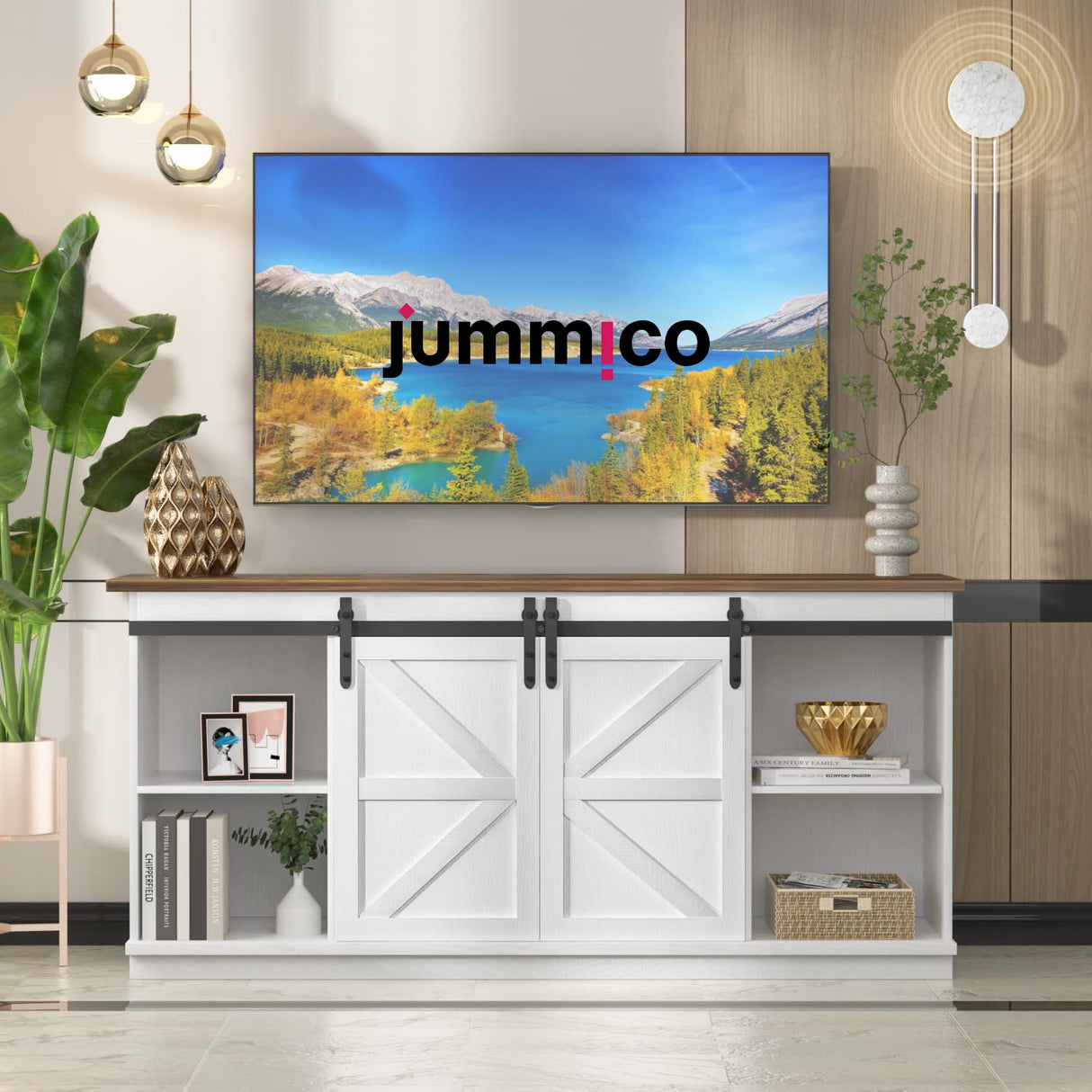 JUMMICO TV Stand for 65 Inch TV, Entertainment Center with Storage Cabinets and Sliding Barn Doors, Mid Century Modern Media TV Console Table for Living Room Bedroom (Bright White) JUMMICO