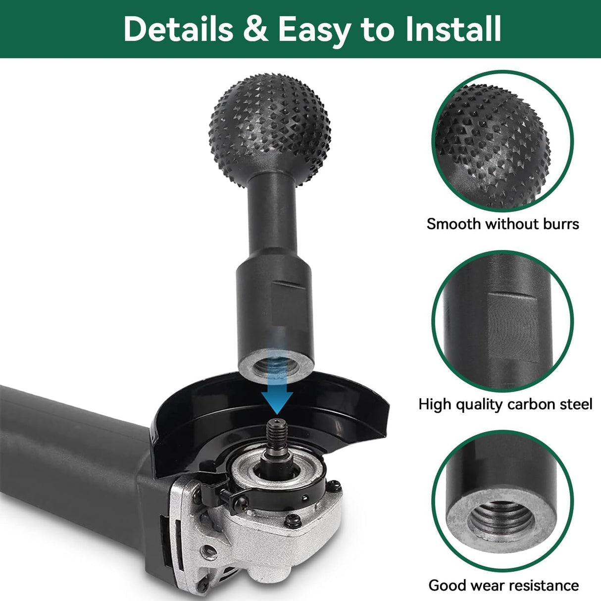 Ball Grinding Head, 5/8‑11in Wood Carving Burrs Carbon Steel Sphere Rotary Burr Ball Gouge Grinding Head Woodworking Attachment Tool for Wood Carving Grinding Polishing Engraving Agatige