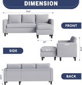 Shintenchi Small Sectional Couch Sofas, 3 Seat L Shape Sofa with Ottoman, Fabric Upholstered Convertible Sofa Couches, Small Couch for Apartments and Office (Light Grey) Shintenchi