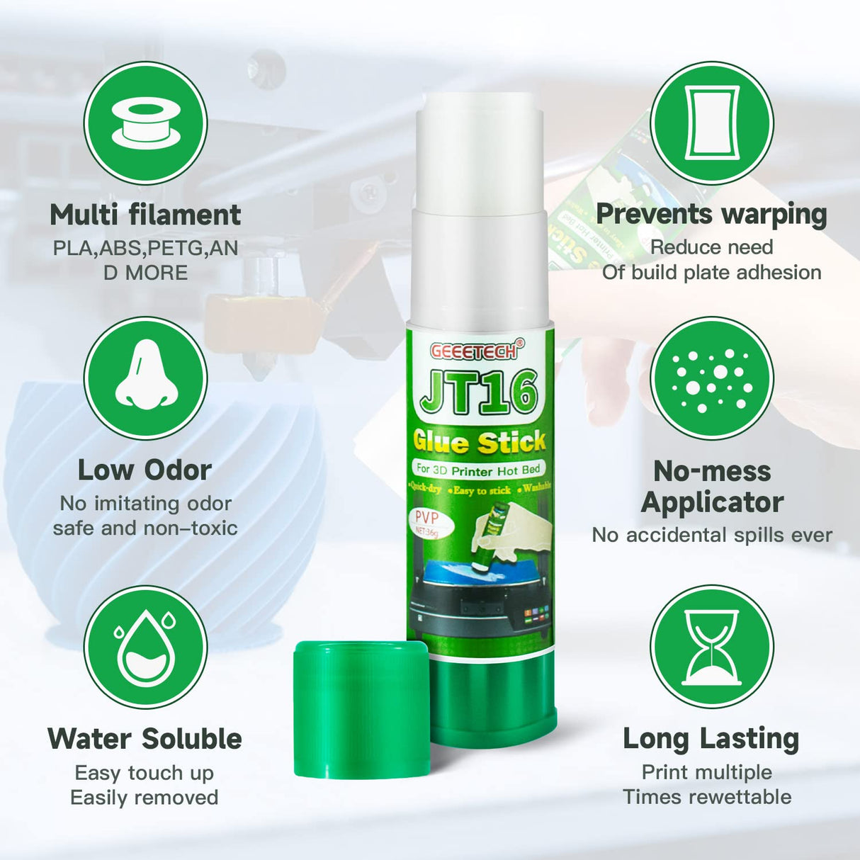 TEQStone 3D Printer Glue Stick 6 Pack, Perfect First Layer Adhesion, Prevents Warping on Heat Bed, Easy Release for ABS PLA PETG Filaments and Various Build Plate, 36g/1.27oz TEQStone