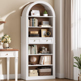 RALGEND Arched Bookshelf, 73" Tall Arch Bookcase with Drawers, 6-Tier Farmhouse Book Shelf, Wooden Bookshelf with Open Display Shelves for Living Room, Office, Adjustable Shelf, Walnut and White RALGEND