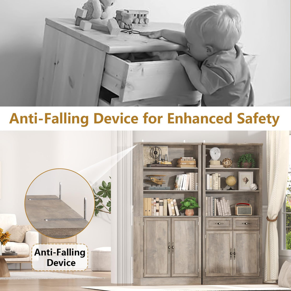 Thacuok Bookcase with Doors and Drawers, Adjustable Shelves, P2 MDF Construction, Freestanding Cabinet with Metal Handles, Hidden Storage for Living Room, Bedroom, Grey Thacuok